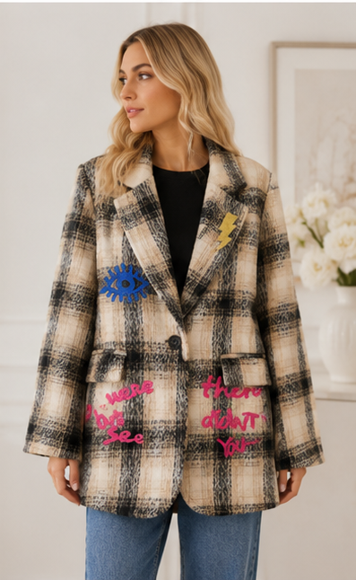 Blazer De Lana Fría Con Estampado De Cuadros Escoceses.