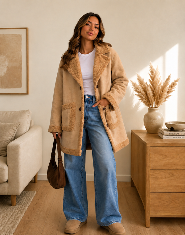Chaqueta Suede Forrada Con Chiporro Tono Camel Claro