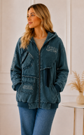 Sudadera Chaqueta con Capucha Estilo Denim Lavado y Parches Distressed