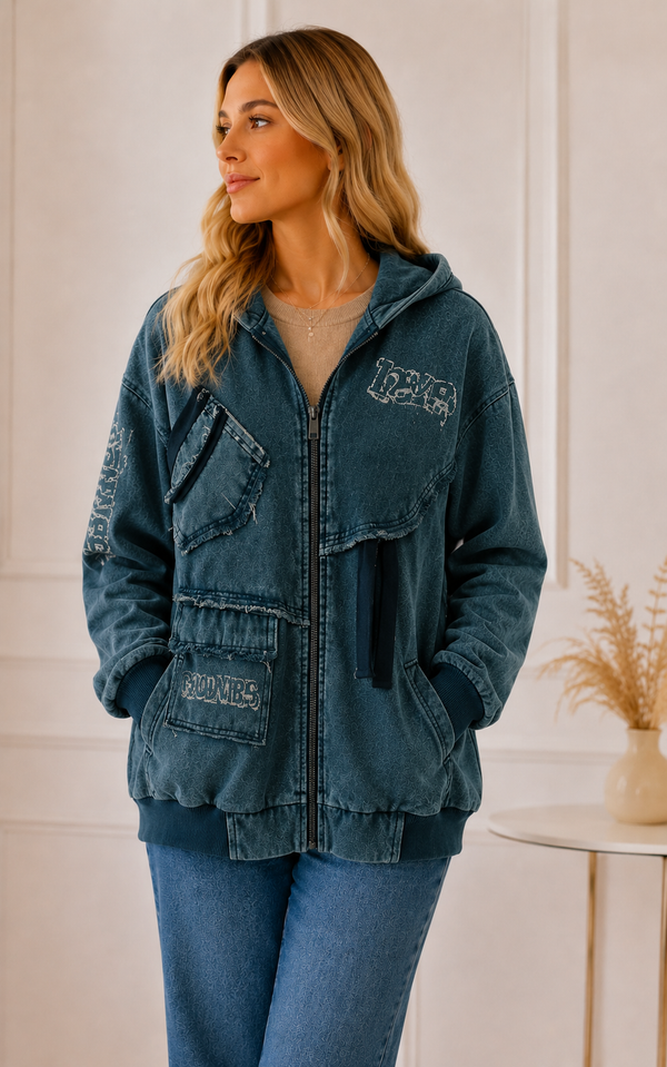 Sudadera Chaqueta con Capucha Estilo Denim Lavado y Parches Distressed