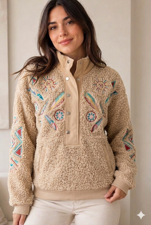 Pullover Sherpa Bordado Boho para Mujer - Confort y Estilo Étnico