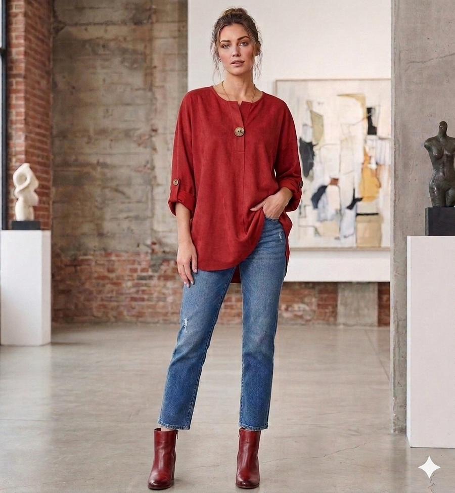 Blusa Oversize Manga Tres Cuarto Color Terracota con Botón de Autor