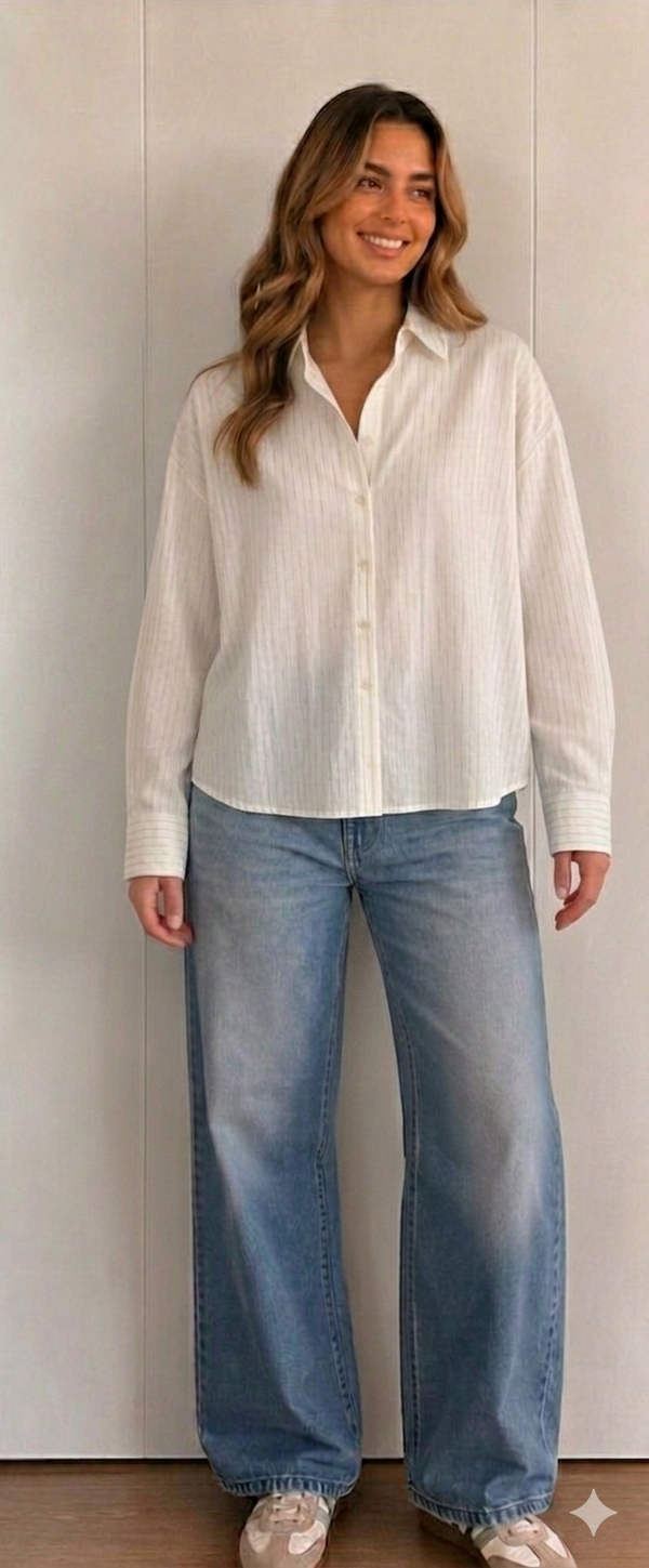 Blusa Casual de Rayas Finas Beige para Mujer | Comodidad y Estilo