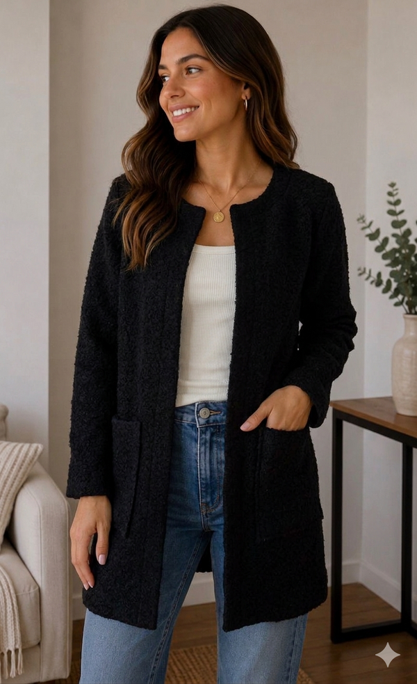 Cárdigan Textured Bouclé – Noir