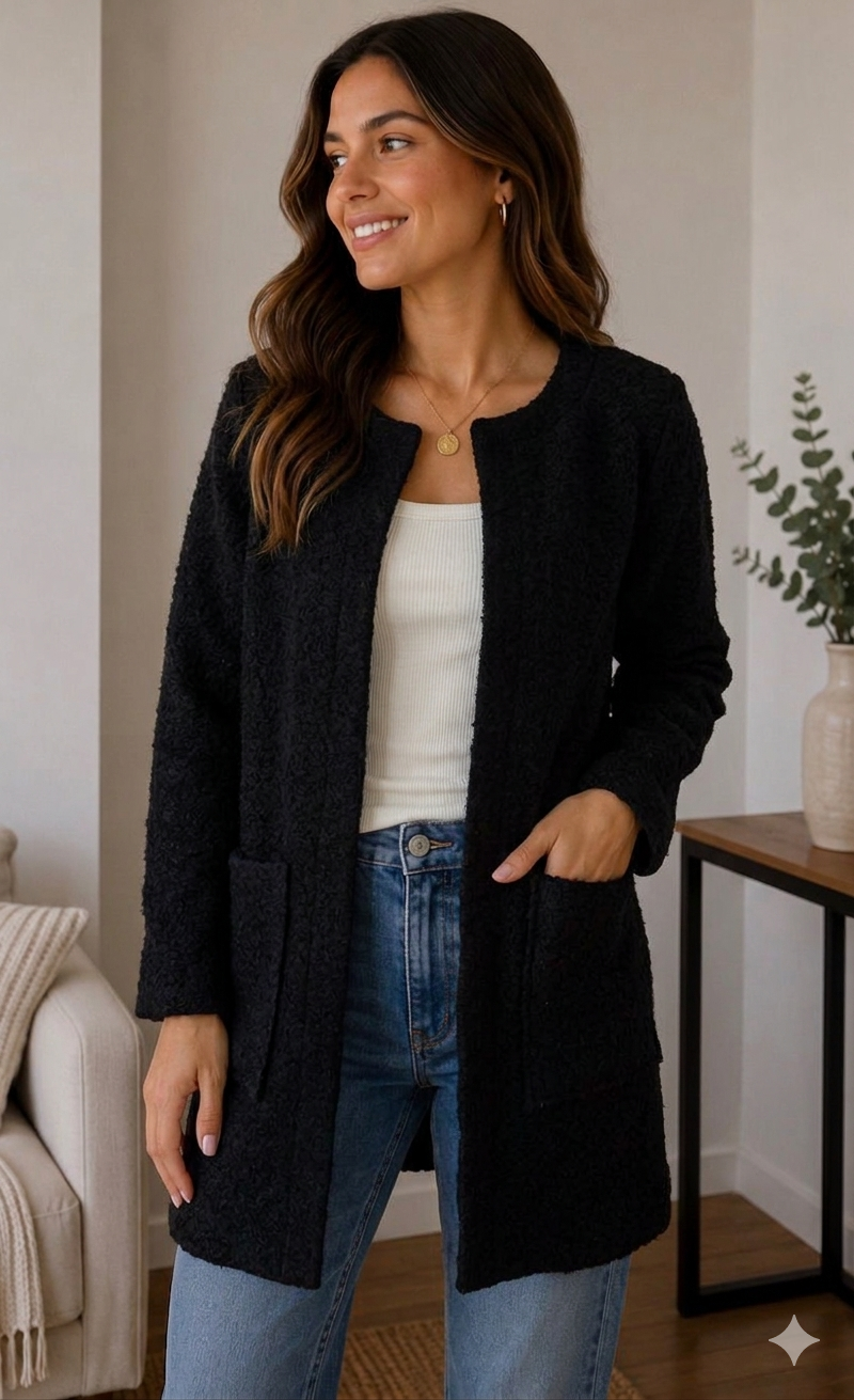 Cárdigan Textured Bouclé – Noir