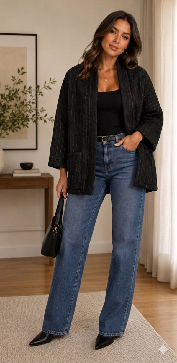 Chaqueta Tipo Kimono Texturado Negro