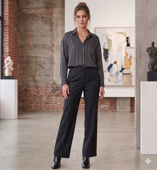 Camisa Fluida de Rayas Verticales Negra y Gris | Estilo Moderno
