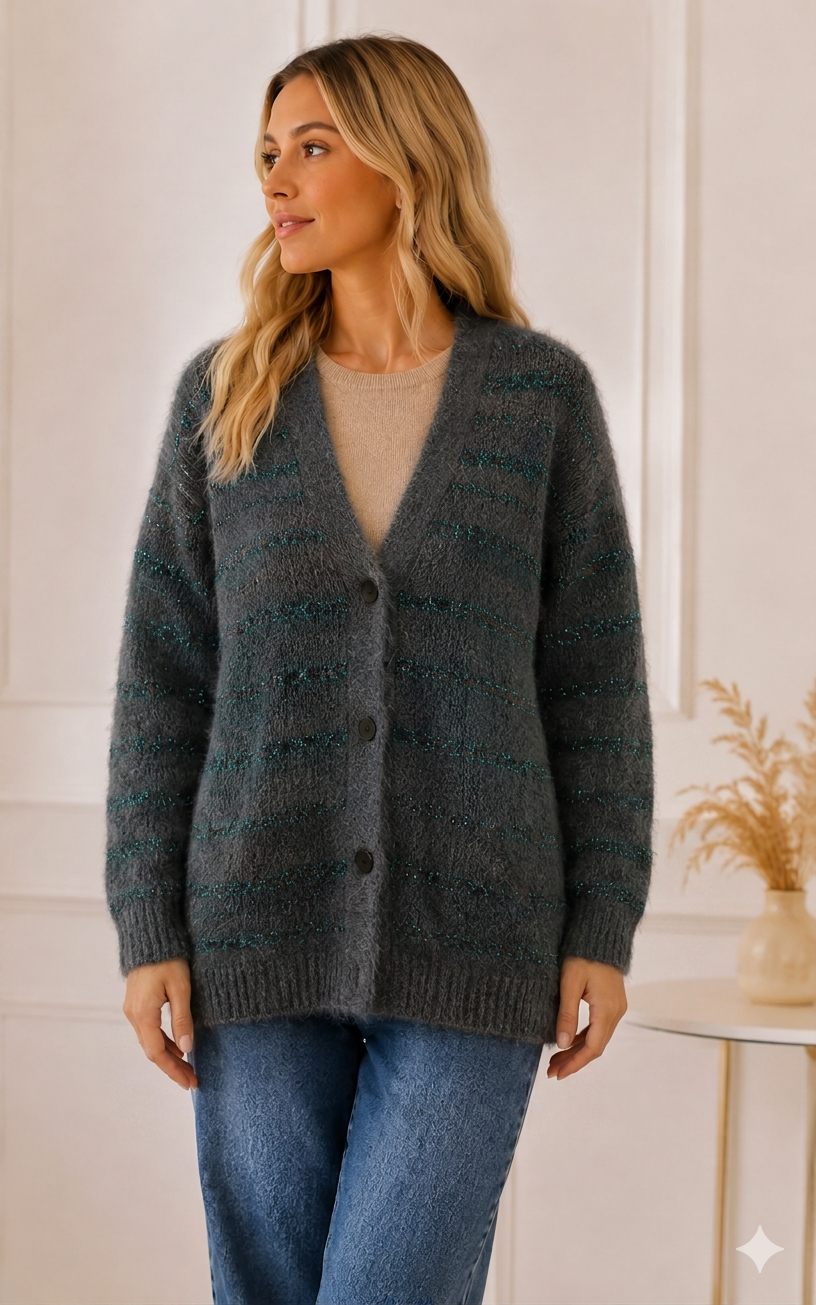 Cardigan Oversize de Tejido Suave con Rayas Brillantes