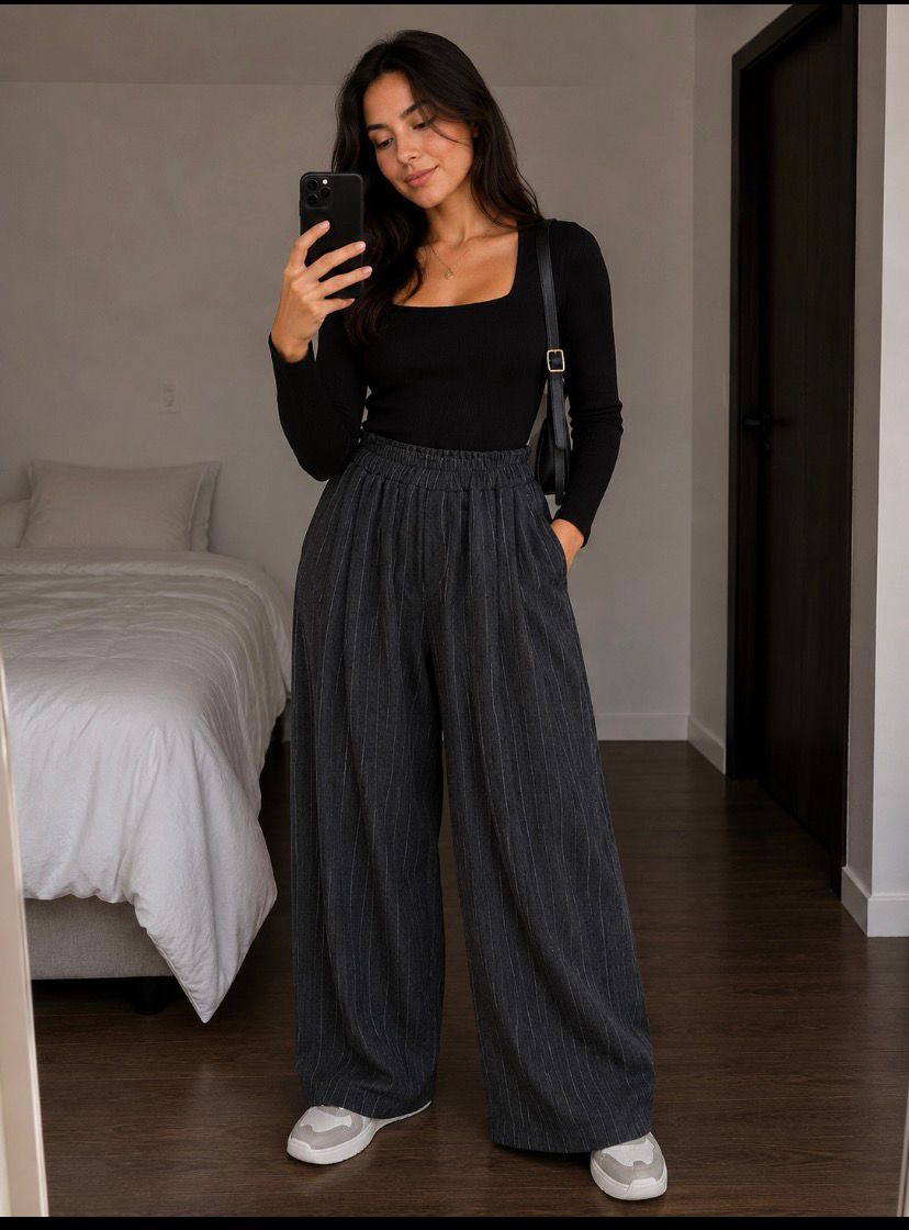 Pantalón Sastrero Wide Leg Con Estampado Pinstripe Negro