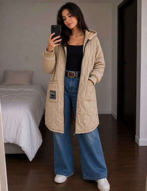 Parka Casual Larga con Capucha Color Camel