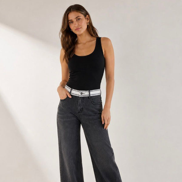 Pantalón Denim Wide Leg con Detalle de Doble Pretina - Gris Oscuro