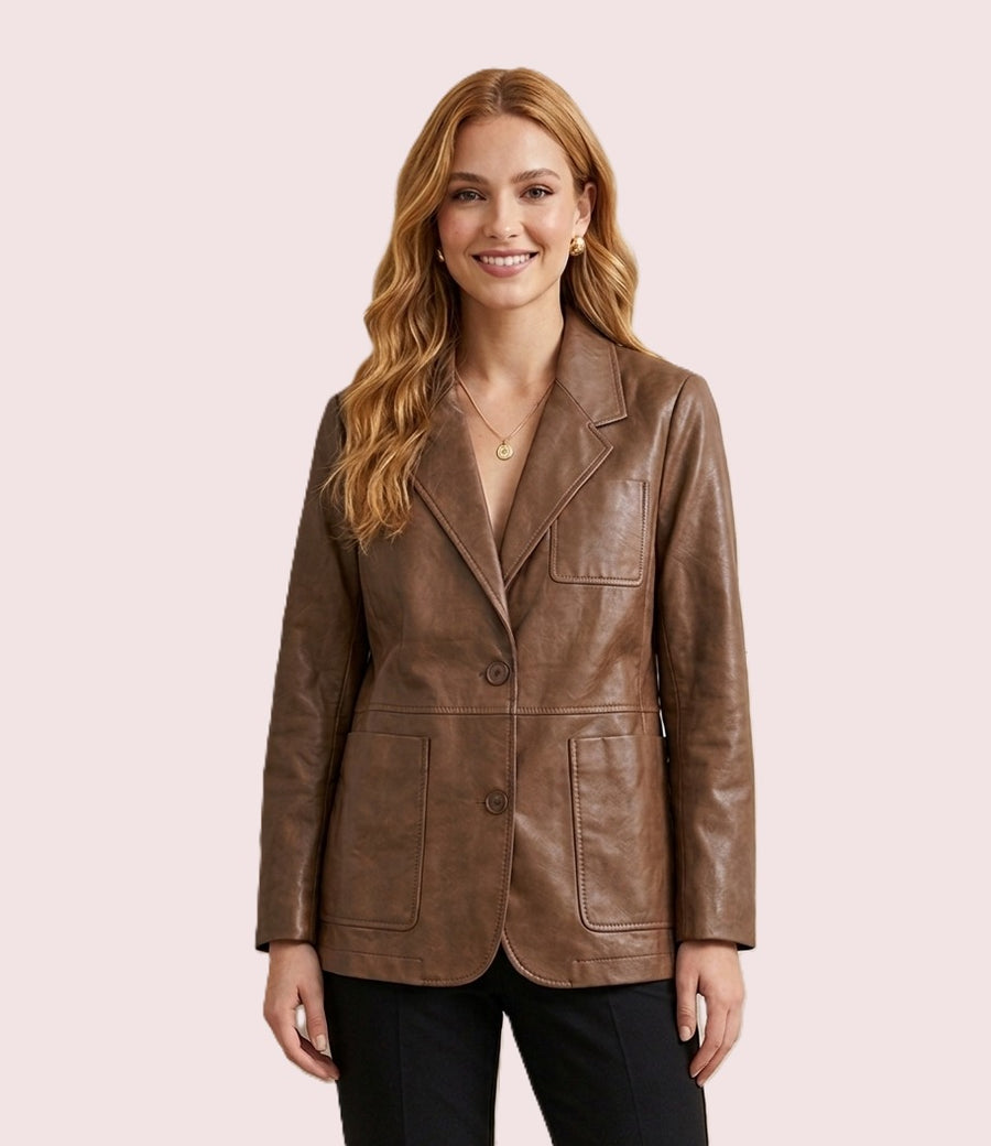 Blazer Tailored en Piel Vintage Marrón