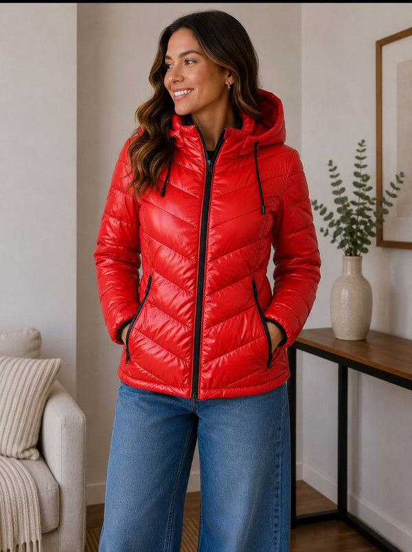 Chaqueta Acolchada Roja Brillante con Capucha - Estilo y Calidez