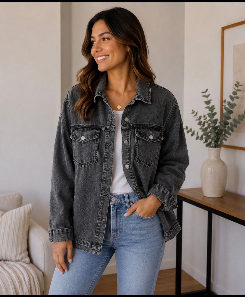 Chaqueta Denim Oversize – Color Carbón Con Ajuste en Cintura